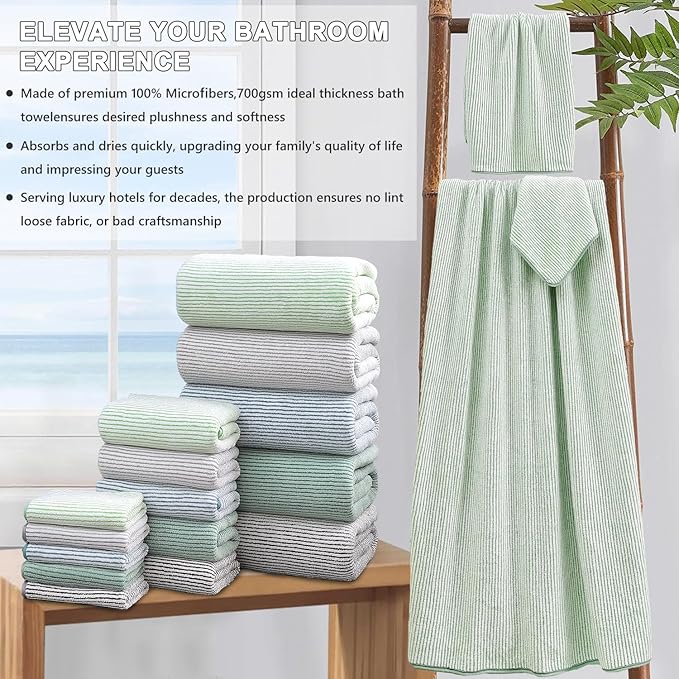 8-Piece Premium Towel Set for Bathroom|2 Oversized Large Bath Sheet,2 Hand Towels,4 Washcloths|Soft Cozy Highly Absorbent Fast Dry Microfiber Shower Towel Set for Hotel Bathroom Essentials,Green White
