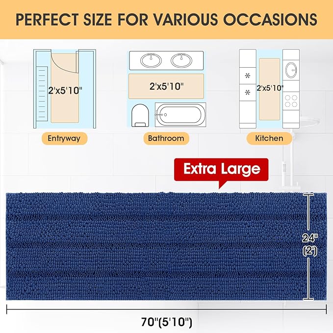 ACCUMTEK Extra Long Striped Denim Blue Bathroom Rug Mat 70"x24" Ultra Soft, Non Slip Chenille Bath Rugs, Absorbent Plush Shaggy Bath Mats for Bathroom, Bedroom, Kitchen, Shower, Tub