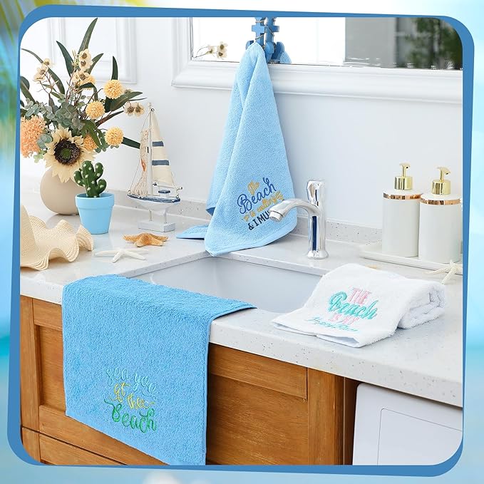 3 Pack Coastal Hand Towels for Bathroom 100% Cotton Embroidered Bathroom Towels 13.78 x 29.53 Inch Hand Towels Soft Absorbent Cotton Towel(Blue Series,Beach)
