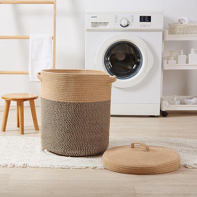 Extra Large Storage Basket with Lid 60L, 16"Wx18"H Woven Laundry Hamper Basket with Handle, Jute Rope Wicker Basket Blankets Pillows Storage in Living Room Baby Nursery, Jute/Black Mix includes Lid