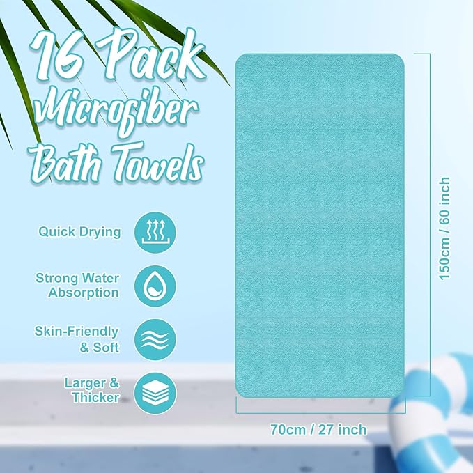 16 Pack Microfiber Bath Towels Bulk 27'' x 60'' Oversized Size Bath Towel Highly Absorbent Extra Large Soft Drying for Shower Beach Winter Salon Sport Gym Party (Wheat,Light Blue)