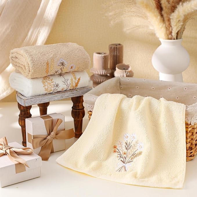 3 Pcs Boho Flowers Hand Towels Farmhouse Floral Brown Wildflowers Bathroom Decor 14x29 Inch Embroidered Boho 100% Cotton Soft Decorative Hand Towels for Bathroom Kitchen