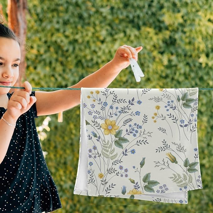 2 Pcs Vintage Blue Yellow Wildflower Hand Towels for Bathroom,Soft Absorbent Green Leaf Botanical Dish Towels for Kitchen,Farmhouse Decorative Bathroom Towels for Bath,Face,Shower 14"x28"