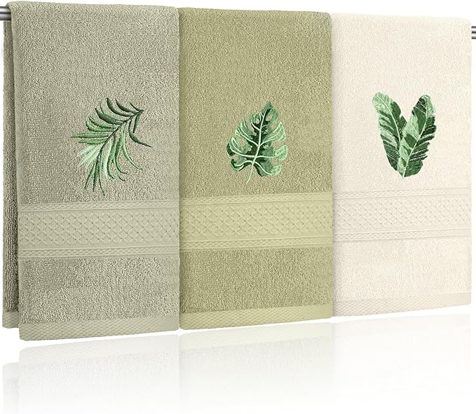 3 Pcs Sage Green Hand Towels Tropical Bathroom Decor Farmhouse Embroidered Sage Green Monstera Banana Palm Leaf Decorative Towels for Bathroom Kitchen, 100% Cotton, 13.4 x 29''