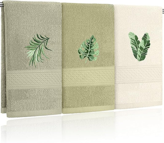 3 Pcs Sage Green Hand Towels Tropical Bathroom Decor Farmhouse Embroidered Sage Green Monstera Banana Palm Leaf Decorative Towels for Bathroom Kitchen, 100% Cotton, 13.4 x 29''