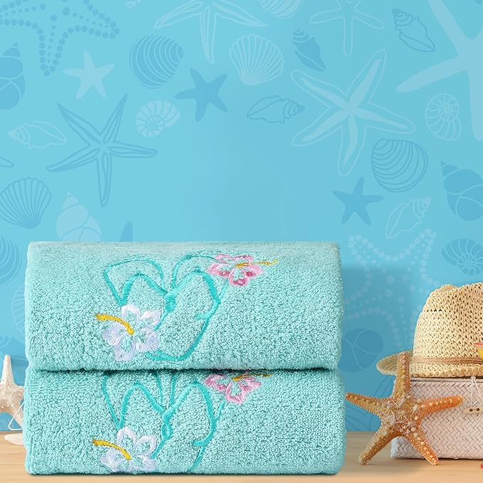 2 Pcs Flip Flops Hand Towels Mint Green Bathroom Decor 14x29 Inch Embroidered 100% Cotton Soft Absorbent Spring Summer Decorative Hand Towels for Bathroom Kitchen