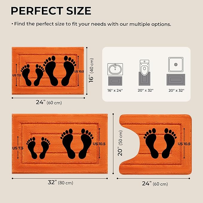 Granny SAYSBathroom Rugs Sets 3 Piece, Soft Absorbent Microfiber Bath Mats for Bathroom Non Slip Washable, U-Shaped Toilet Bath Rugs for Tub Shower(Orange, 16" x 24" + 20" x 32" + U Shaped 20" x 24")