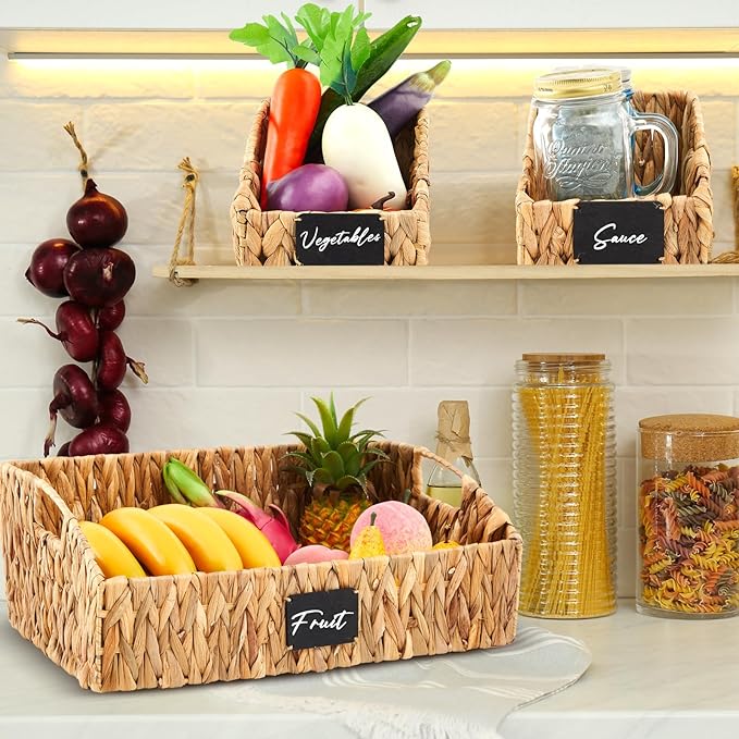 4 Pcs Hyacinth Storage Set Stackable Handwoven Wicker Baskets with Chalkboard Label Handles Woven Container Kitchen Large Small for Pantry Shelves Food Home Bathroom Decor