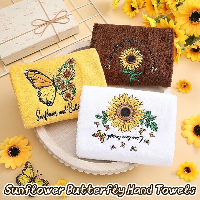 3 Pcs Sunflower Butterfly Hand Towels for Bathroom Yellow Spring Summer Soft Cotton Embroidered Absorbent Decorative Towels for Farmhouse Kitchen Decor, 13.78 x 29.53 Inch