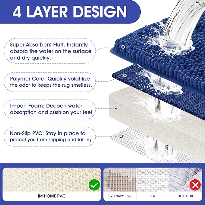 ACCUMTEK Extra Long Striped Denim Blue Bathroom Rug Mat 70"x24" Ultra Soft, Non Slip Chenille Bath Rugs, Absorbent Plush Shaggy Bath Mats for Bathroom, Bedroom, Kitchen, Shower, Tub
