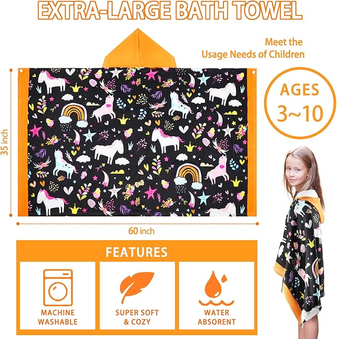Hooded Towels for Kids - Ultra Soft 100% Cotton Toddler Hood Bath Towels/Pool Terry Towel Beach Poncho Wrap Absorbent Cute Bath & Swim Wrap for Boys & Girls 3-10 Years