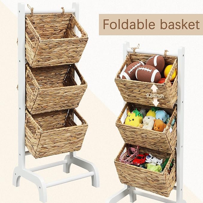 Menkxi Wicker 3 Tier Foldable Storage Basket Floor Rack with Market Storage Basket Water Hyacinth Storage Rack Hand Woven Laundry Rack for Bathroom Kitchen Laundry Room Living Room Storage(White)