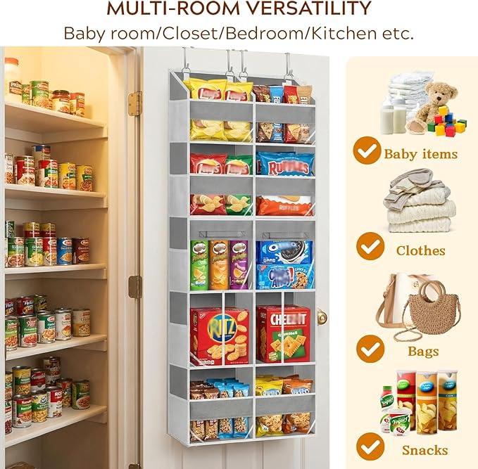 Over the Door Organizer 5 Tiers with Removable Drawers, Extra Large Door Storage of 6 Compartments & 2 Diaper Storage, Double-Column Clear Window Door Hanging Organizer for Nursery,Closet,Pantry(Gray)