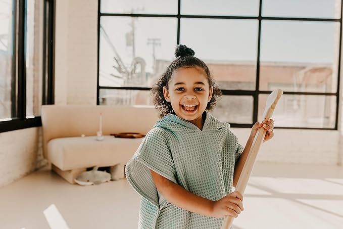 Jade&Kai Hooded Towel for Kids | Snaps into a Poncho | Organic Cotton Waffle | Lightweight and Absorbent | Bath, Beach, and Pool | Multiple Colors | (Large (6-10 Yrs), June Breeze)