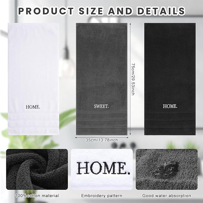 3 Pcs Farmhouse Decorative Hand Towels for Bathroom and Kitchen Rustic Embroidered 100% Cotton Hand Towels Decorative Set for Boho Bathroom Decor (Black,Home Sweet Home)