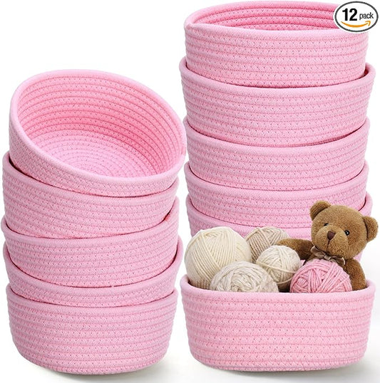 Yinkin 12 Pack Small Storage Basket Cute Natural Cotton Rope Woven Basket Tiny Boho Decorative Toy Storage Bin Gift Baskets for Home Organizing, Closet, Shelf, Nursery, Bathroom(Round,Pink)