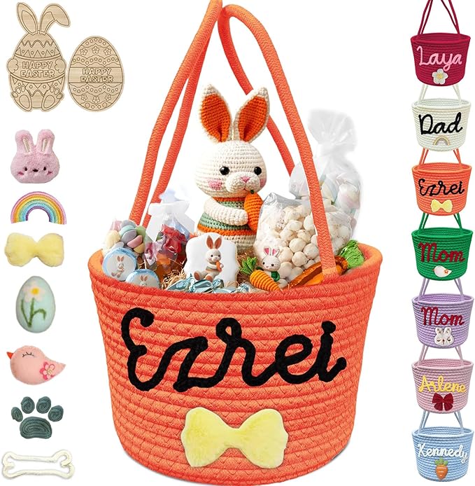Personalized Easter Basket for Boys Girls Custom Name Baskets with Handle Woven Rope Rabbit Eggs Bucket Gifts