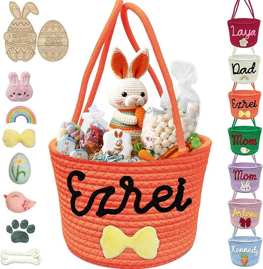 Personalized Easter Basket for Boys Girls Custom Name Baskets with Handle Woven Rope Rabbit Eggs Bucket Gifts