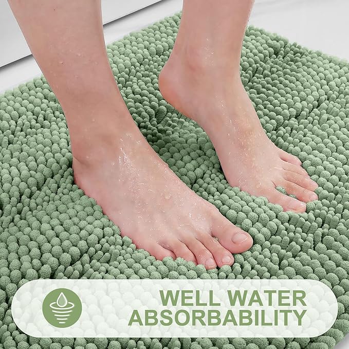 Grandaily Chenille Striped Bathroom Rugs 30x20, Extra Thick and Absorbent Bath Mats, Non-Slip Soft Plush Shaggy Shower Carpet, Machine Wash Dry, Bath Rug for Bathroom, (Medium, Grayish Green)