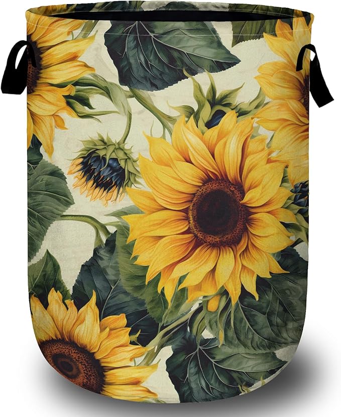 Retro Sunflower Laundry Basket, Floral Laundry Hamper Collapsible Oxford Cloth with Handle Clothes Toy Storage Bin for Bathroom Laundry Room Bedroom 15.7 X 20 Inch