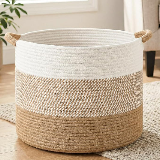 Large Natural Woven Blanket Basket, 70L Boho Decorative Cotton Rope Basket for Blankets Pillows and Toddler Toy Storage, Rope Blanket Storage for Living Room, Laundry, Nursery (Brown)