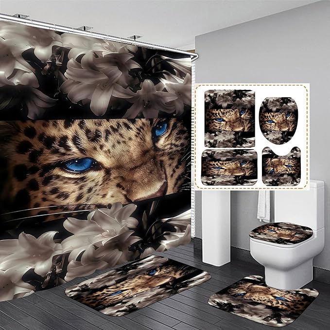 4 Piece Brown Shower Curtain Set with Rugs, Majestic Blue Eyes Leopard & White Lily Floral Art, Modern Aesthetic Waterproof Fabric Bathroom Decor, Non-Slip Mats & Toilet Lid Cover