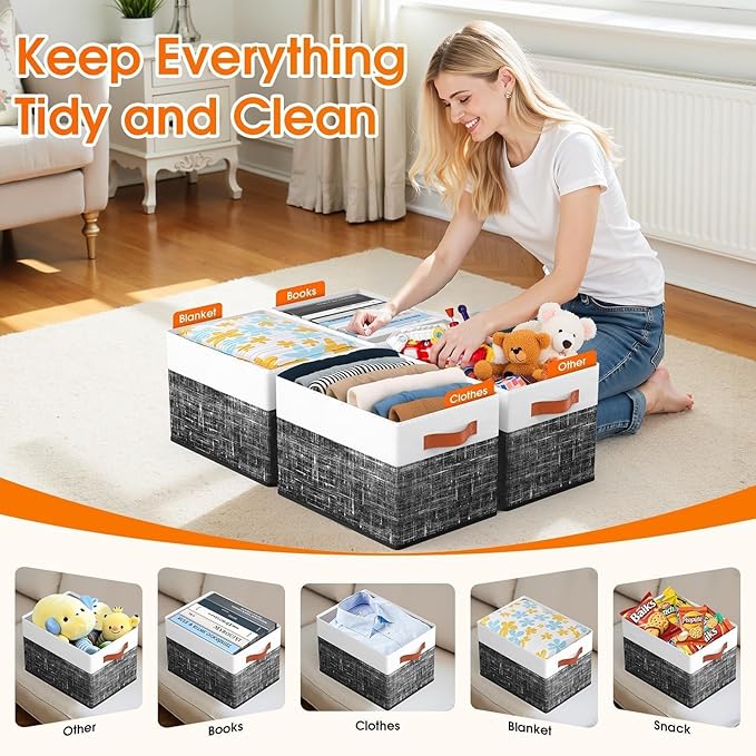 Fab totes Collapsible Storage Baskets for Shelves,14"x10", 4 Pack Foldable Fabric Storage Bins with Double Leather Handles, Large Baskets for Organizing Books, Clothes, White & Black