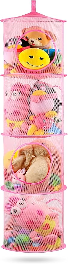 coastal rose Hanging Stuffed Animal Storage or Hammock Toy Net Hammock, Foldable Stuffed Animals Net 4 Compartments, Toy Storage Organizer for Plushies Organizer Mesh Kids Girls Room Decor, Pink
