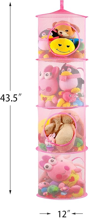 coastal rose Hanging Stuffed Animal Storage or Hammock Toy Net Hammock, Foldable Stuffed Animals Net 4 Compartments, Toy Storage Organizer for Plushies Organizer Mesh Kids Girls Room Decor, Pink