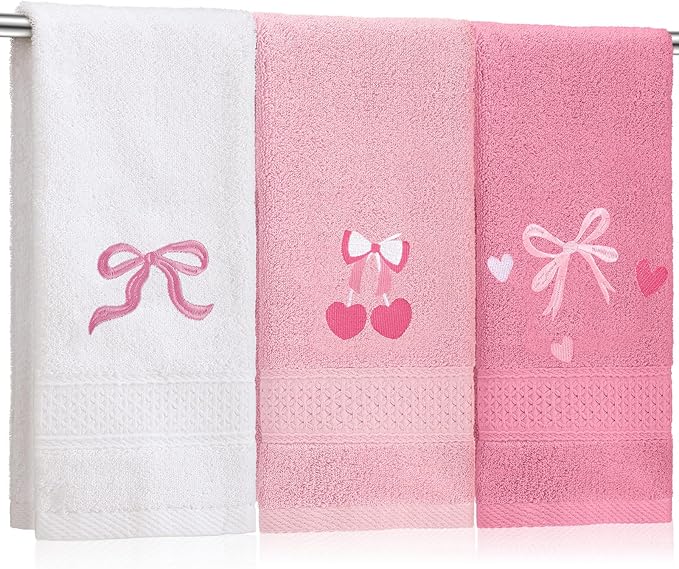 3 Pcs Bow Heart Hand Towels for Bathroom Embroidered Bathroom Towels Farmhouse Decorative 13.78 x 29.53 Inch Absorbent Soft Cotton for Kitchen Dish Fast Drying Decor
