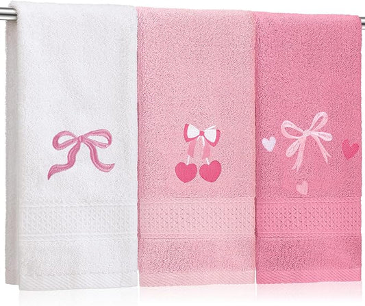 3 Pcs Bow Heart Hand Towels for Bathroom Embroidered Bathroom Towels Farmhouse Decorative 13.78 x 29.53 Inch Absorbent Soft Cotton for Kitchen Dish Fast Drying Decor