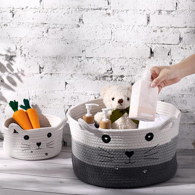 Zopeal Cat Basket Storage Woven Organizer with Ears Christmas Decorative Pet Toy Cute Cotton Rope Basket for Gift Cat Dog Toy Bin Nursery Room(13.7 x 7.8 Inch,White, Light Gray, Dark Gray)