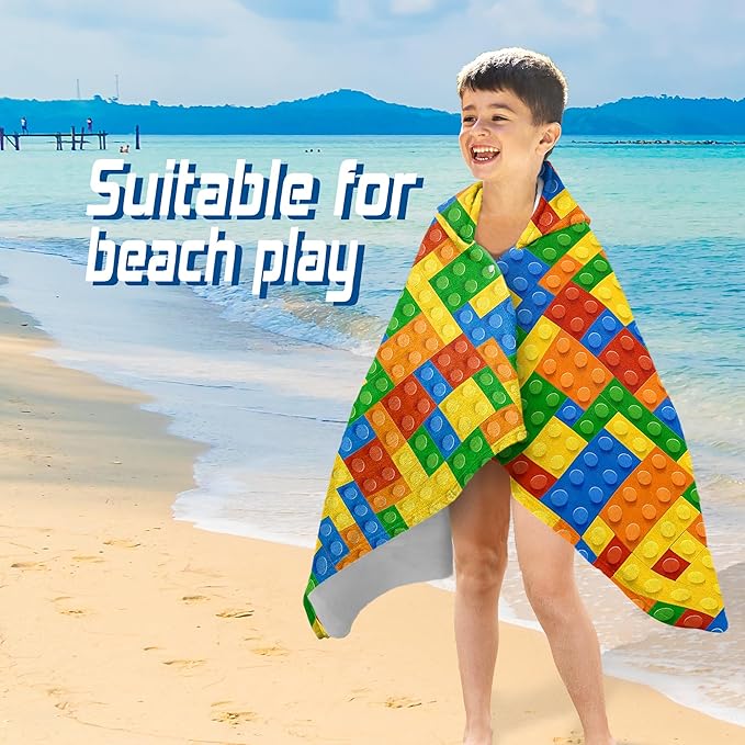 Hooded Towels for Kids -Toddler Beach Towel- Super Absorbent & Quick Dry 100% Cotton 35x60 Inch - to Kid Ages 3-12-Building Block Swim Towels