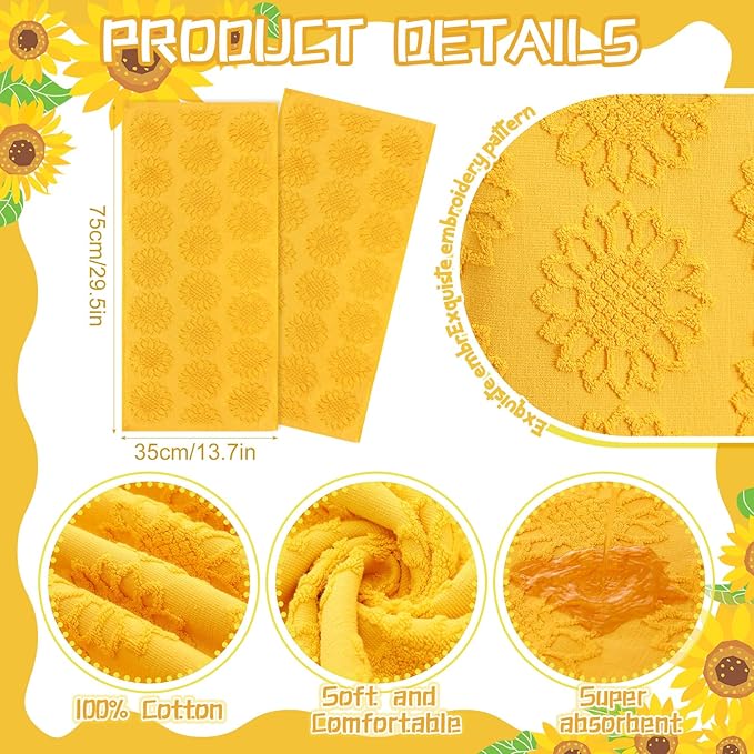 2 Pcs Sunflower Hand Towels for Bathroom 100% Cotton Jacquard Weave Bath Towel Set Soft Absorbent Dish Washcloth for Bathroom Kitchen Summer Theme Gifts 13.8 x 29.5 Inch (Yellow)
