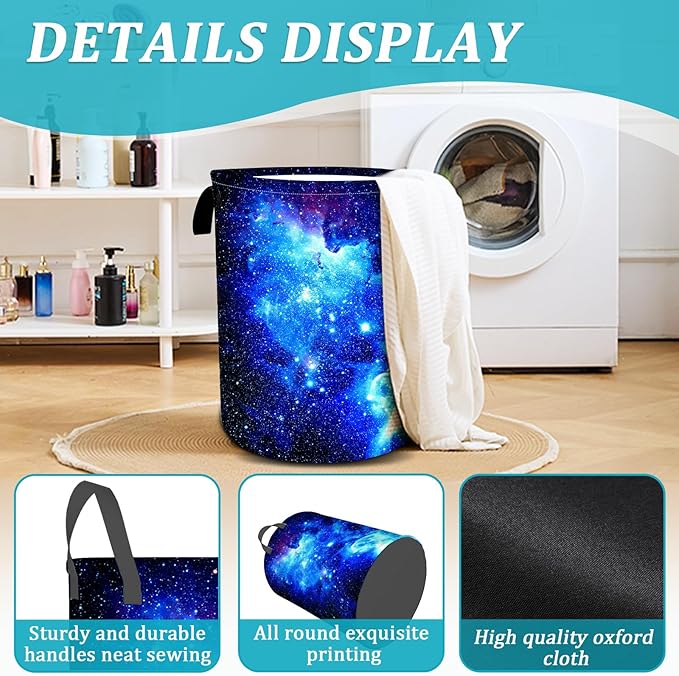 Blue Galaxy Laundry Basket, Universe Starry Sky Laundry Hamper Funny Tote Bag Dirty Clothes Storage Bucket Toy Organizer for Bathroom/Laundry/Bedroom 15.7"x19.6"