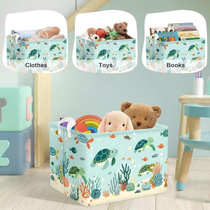 Sea Animals Laundry Hamper Ocean Fish Coral Large Storage Basket Parents Organizer Kids Clothes Toy Bins for Bedroom, Bathroom, Green Turtles, 36L