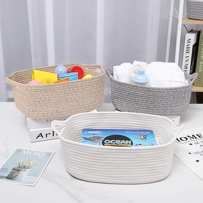 ABenkle Small Storage Basket with Handles, Cotton Rope Woven Dog Cat Toy Bin, Decorative Shelves Closet Organizing for Nursery Laundry Bedroom Bathroom, 14.2''x 11''x 5.1''