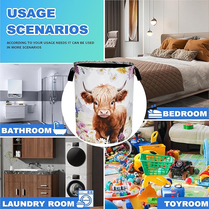 Highland Cow Laundry Basket Oxford Cloth Animal Flowers Laundry Hamper With Handle Foldable Portable Clothes Storage Basket 18.9 X 16.5 Inch Storage Bag For Laundry Room/Bathroom/Bedroom/Dormitories