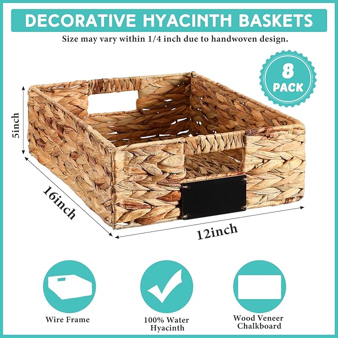 Nitial 8 Pcs 16 x 12 x 5 Inch Wicker Storage Basket, Rectangular Water Hyacinth Storage Baskets for Shelving, Foldable Woven Pantry Organizer with Chalkboard Label and Chalk Marker (Natural)