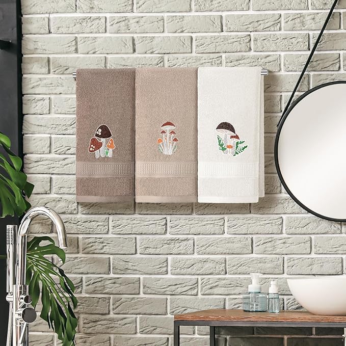 3 Pcs Mushroom Decorative Hand Towels for Bathroom Decor Mushroom Kitchen Towels Set Farmhouse 100% Cotton Embroidered Towel for Bathroom Kitchen 13.3 x 29.5''