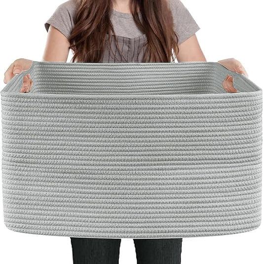 Extra Large Rectangle Storage Basket, 23.6" x 17" x 12" Gray Blanket Storage for Living Room, Large Soft Woven Cotton Rope Bin for Organizing, Kids Dog Wicker Toy Box Organizer