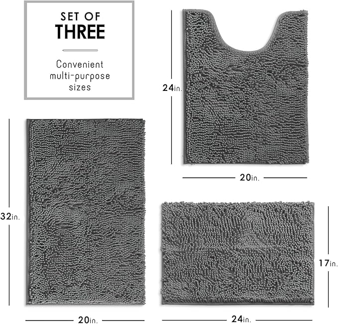 Hearth & Harbor Bathroom Rugs, Chenille Bath Mat - Machine Washable Bath Mats for Bathroom Non-Slip Backing Rubber, Quick Dry Mat - Grey Bath Rug, 17x24-20x32-20x24