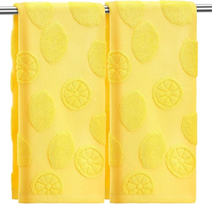 2 Pcs Lemon Hand Towels for Bathroom 100% Cotton Jacquard Weave Bath Towel Set Soft Absorbent Dish Washcloth for Bathroom Kitchen Tropical Theme Gifts 13.8 x 29.5 Inch (Lemon Yellow)