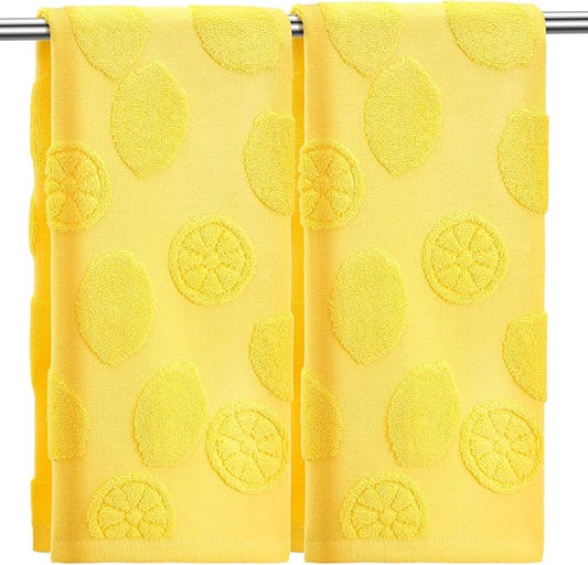 2 Pcs Lemon Hand Towels for Bathroom 100% Cotton Jacquard Weave Bath Towel Set Soft Absorbent Dish Washcloth for Bathroom Kitchen Tropical Theme Gifts 13.8 x 29.5 Inch (Lemon Yellow)