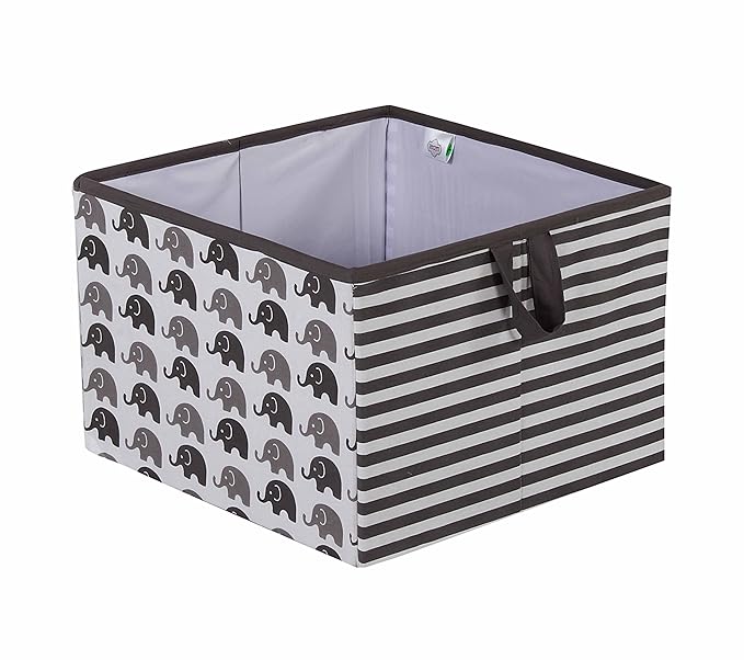 Bacati - Large Storage Tote Elephants White/Grey 14 x 14 x 10 inches