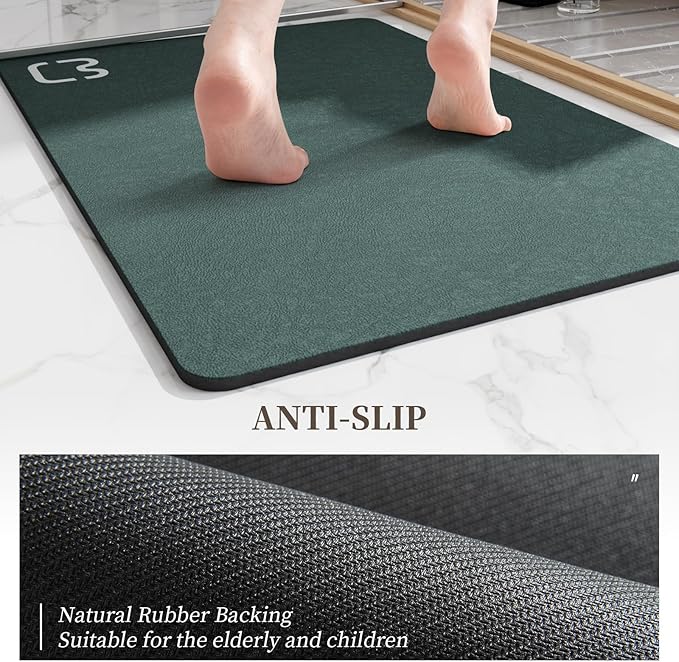 2 Piece Bathroom Rugs Mat Set - Quick Dry Diatomaceous Earth Bath Mat for Bathroom Non-Slip Bath Rug with Rubber Backing, Absorbent Bath Mats Thin Bath Floor Mat,15.7x23.6+15.7x47.2 Inch, Dark Green