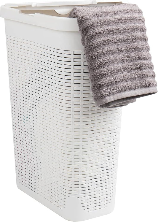 Mind Reader Slim Laundry Hamper with Lid, 40L Clothes Basket, Premium Wicker Design, Plastic, White