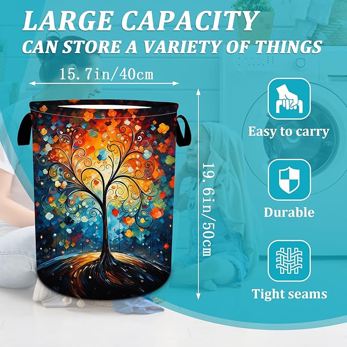 Colorful Love Tree Laundry Basket, Foldable Waterproof Oxford Cloth Spring Laundry Hamper Funny Tote Bag Dirty Clothes Storage Bucket Toy Organizer for Bathroom/Laundry/Bedroom 15.7"x19.6"