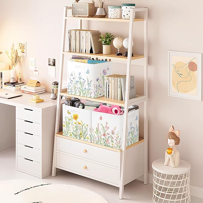 11.8" Wild Flower Storage Cube Organizer Set 3Pcs Clothes Storage Basket Bin for Closet Shelf Garden Butterfly Nursery Kid Room Book Toy Chest, Plant Bush