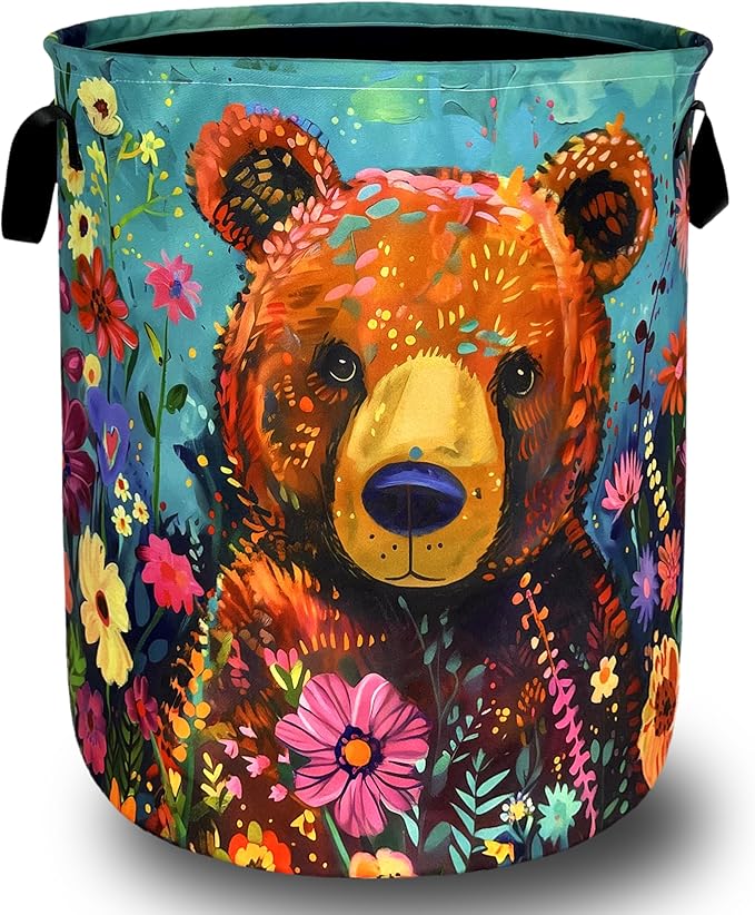Bear Laundry Basket Oxford Cloth Foldable Colored Animal Flowers Laundry Hamper With Handle Portable Clothes Storage Organizer Basket 18.9x16.5 Inch Laundry Bag For Laundry Room/Bedroom/Bathroom